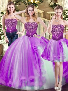 Dazzling Eggplant Purple Sleeveless Floor Length Beading Lace Up Sweet 16 Quinceanera Dress