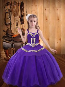  Eggplant Purple Straps Lace Up Embroidery Little Girls Pageant Gowns Sleeveless