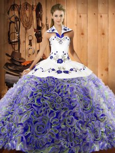  Halter Top Sleeveless Fabric With Rolling Flowers Quinceanera Dress Embroidery Sweep Train Lace Up