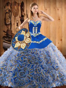 Nice Multi-color Ball Gowns Sweetheart Sleeveless Satin and Fabric With Rolling Flowers With Train Sweep Train Lace Up Embroidery Quinceanera Gowns