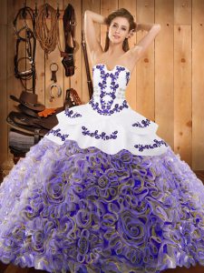  Multi-color Lace Up Strapless Embroidery Quinceanera Dress Satin and Fabric With Rolling Flowers Sleeveless Sweep Train
