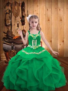  Turquoise Organza Lace Up Straps Sleeveless Floor Length Little Girls Pageant Gowns Embroidery and Ruffles