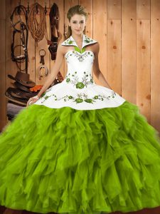  Floor Length Olive Green Quinceanera Gowns Satin and Organza Sleeveless Embroidery and Ruffles