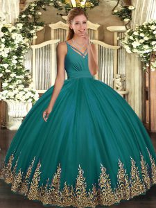 Fitting Turquoise Ball Gowns V-neck Sleeveless Tulle Floor Length Backless Appliques 15 Quinceanera Dress
