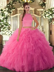 Halter Top Sleeveless Sweet 16 Quinceanera Dress Floor Length Beading and Ruffles Hot Pink Tulle