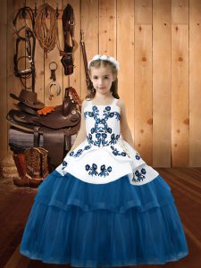  Blue Tulle Lace Up Straps Sleeveless Floor Length Party Dress for Girls Embroidery