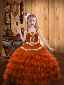  Rust Red Sleeveless Embroidery and Ruffled Layers Floor Length Child Pageant Dress