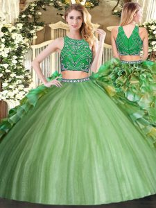 Beauteous Olive Green Sleeveless Floor Length Beading and Ruffles Zipper Quince Ball Gowns