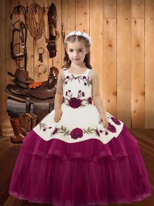 Graceful Fuchsia Organza Lace Up Little Girls Pageant Gowns Sleeveless Floor Length Embroidery and Ruffled Layers