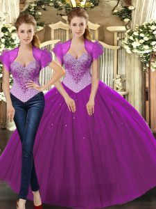 Eye-catching Fuchsia Tulle Lace Up Quinceanera Gown Sleeveless Floor Length Beading