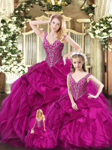  Floor Length Lace Up Sweet 16 Dress Fuchsia for Military Ball and Sweet 16 and Quinceanera with Ruffles