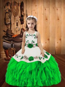 Superior Floor Length Green Kids Pageant Dress Organza Sleeveless Embroidery and Ruffles
