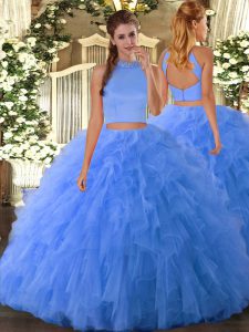  Baby Blue Backless Sweet 16 Quinceanera Dress Beading and Ruffles Sleeveless Floor Length
