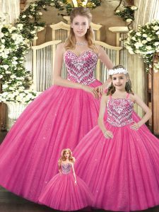  Hot Pink Sweetheart Lace Up Beading Quinceanera Gowns Sleeveless