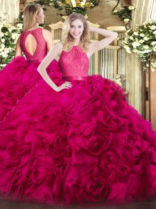 Top Selling Hot Pink Scoop Zipper Lace Quinceanera Gown Sleeveless
