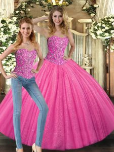 Chic Sweetheart Sleeveless Lace Up Quinceanera Dresses Hot Pink Tulle