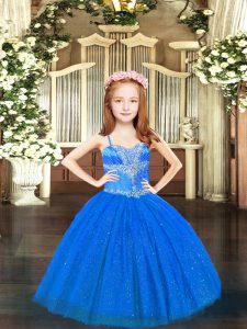 Blue Sleeveless Floor Length Beading Lace Up Kids Formal Wear
