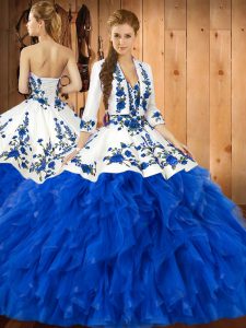 Super Satin and Organza Sweetheart Sleeveless Lace Up Embroidery and Ruffles Quinceanera Dresses in Blue