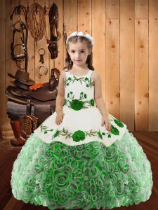  Multi-color Lace Up Straps Embroidery and Ruffles Little Girls Pageant Gowns Fabric With Rolling Flowers Sleeveless