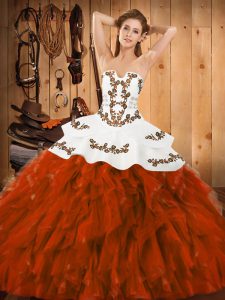 Fitting Rust Red Lace Up Strapless Embroidery and Ruffles Quinceanera Gown Satin and Organza Sleeveless
