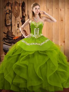  Olive Green Sleeveless Floor Length Embroidery and Ruffles Lace Up Sweet 16 Dress