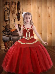 Graceful Red Organza Lace Up Child Pageant Dress Sleeveless Floor Length Embroidery and Ruffles