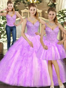 Comfortable Floor Length Three Pieces Sleeveless Lilac Quinceanera Dress Lace Up