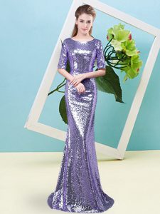 Pretty Lavender Prom Dresses Prom and Party with Sequins Scoop Half Sleeves Zipper