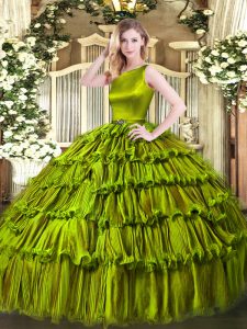  Scoop Sleeveless Clasp Handle Sweet 16 Dress Olive Green Organza
