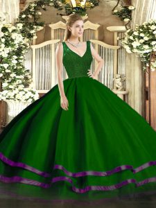  Dark Green V-neck Neckline Beading and Lace and Ruffled Layers Quinceanera Dress Sleeveless Backless