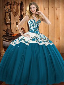 Custom Designed Sweetheart Sleeveless Quinceanera Gown Floor Length Embroidery Teal Satin and Tulle
