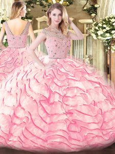 Elegant Baby Pink Tulle Zipper Bateau Sleeveless Quince Ball Gowns Sweep Train Beading and Ruffled Layers