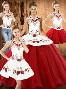  White And Red Sleeveless Embroidery Floor Length 15th Birthday Dress