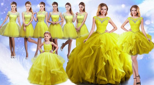 Lovely Organza Scoop Sleeveless Lace Up Beading and Ruffles Sweet 16 Dress in Yellow