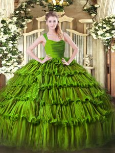 New Style Olive Green Organza Zipper Quince Ball Gowns Sleeveless Floor Length Ruffled Layers