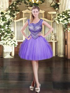 Fantastic Lavender Zipper Scoop Beading and Ruffles Prom Evening Gown Tulle Sleeveless