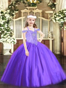Custom Design Sleeveless Tulle Floor Length Lace Up Little Girls Pageant Dress Wholesale in Lavender with Beading