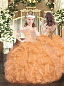 Excellent Off The Shoulder Sleeveless Lace Up Girls Pageant Dresses Orange Organza