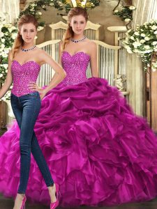  Floor Length Two Pieces Sleeveless Fuchsia Ball Gown Prom Dress Lace Up