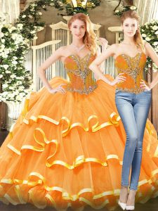  Organza Sweetheart Sleeveless Lace Up Beading and Ruffled Layers Quinceanera Gown in Orange Red