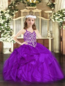 Adorable Floor Length Ball Gowns Sleeveless Purple Kids Pageant Dress Lace Up