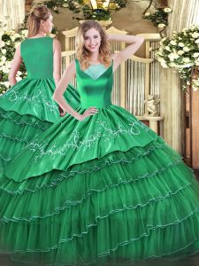  Turquoise Sleeveless Floor Length Beading and Embroidery and Ruffled Layers Side Zipper 15th Birthday Dress
