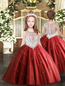 Admirable Red Zipper Pageant Gowns For Girls Beading and Appliques Sleeveless Floor Length