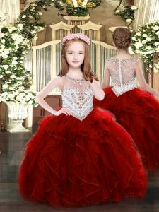  Wine Red Ball Gowns Scoop Sleeveless Organza Floor Length Zipper Beading and Ruffles Party Dress for Toddlers