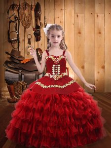 Best Red Party Dress Wholesale Party and Sweet 16 and Quinceanera and Wedding Party with Embroidery and Ruffled Layers Straps Sleeveless Lace Up