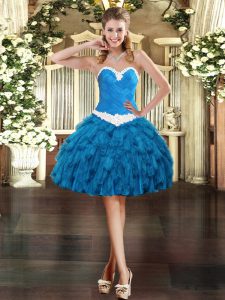 Fitting Blue Organza Lace Up Prom Gown Sleeveless Mini Length Appliques and Ruffles