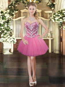  Tulle Sweetheart Sleeveless Lace Up Beading Prom Evening Gown in Rose Pink 