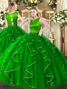  Organza Scoop Sleeveless Clasp Handle Ruffles Ball Gown Prom Dress in Green