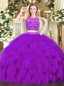  Purple Two Pieces Tulle Scoop Sleeveless Beading and Ruffles Floor Length Zipper Quinceanera Dresses