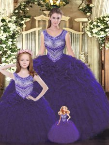 Latest Floor Length Dark Purple Quince Ball Gowns Tulle Sleeveless Beading and Ruffles